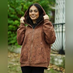 Kawaii HoddieCoat Y2k Jacket Grunge Brown Hooded Jacket All Over Bear Print